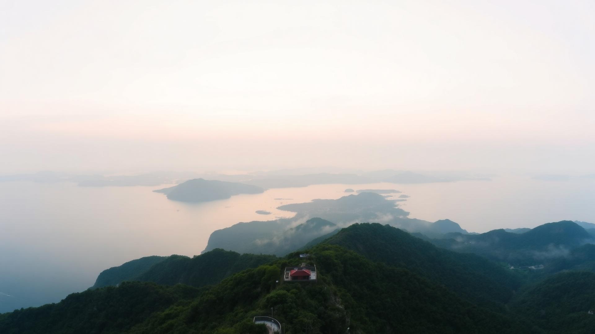 Panoramic view of layered southern Korean islands fading into a soft sunset