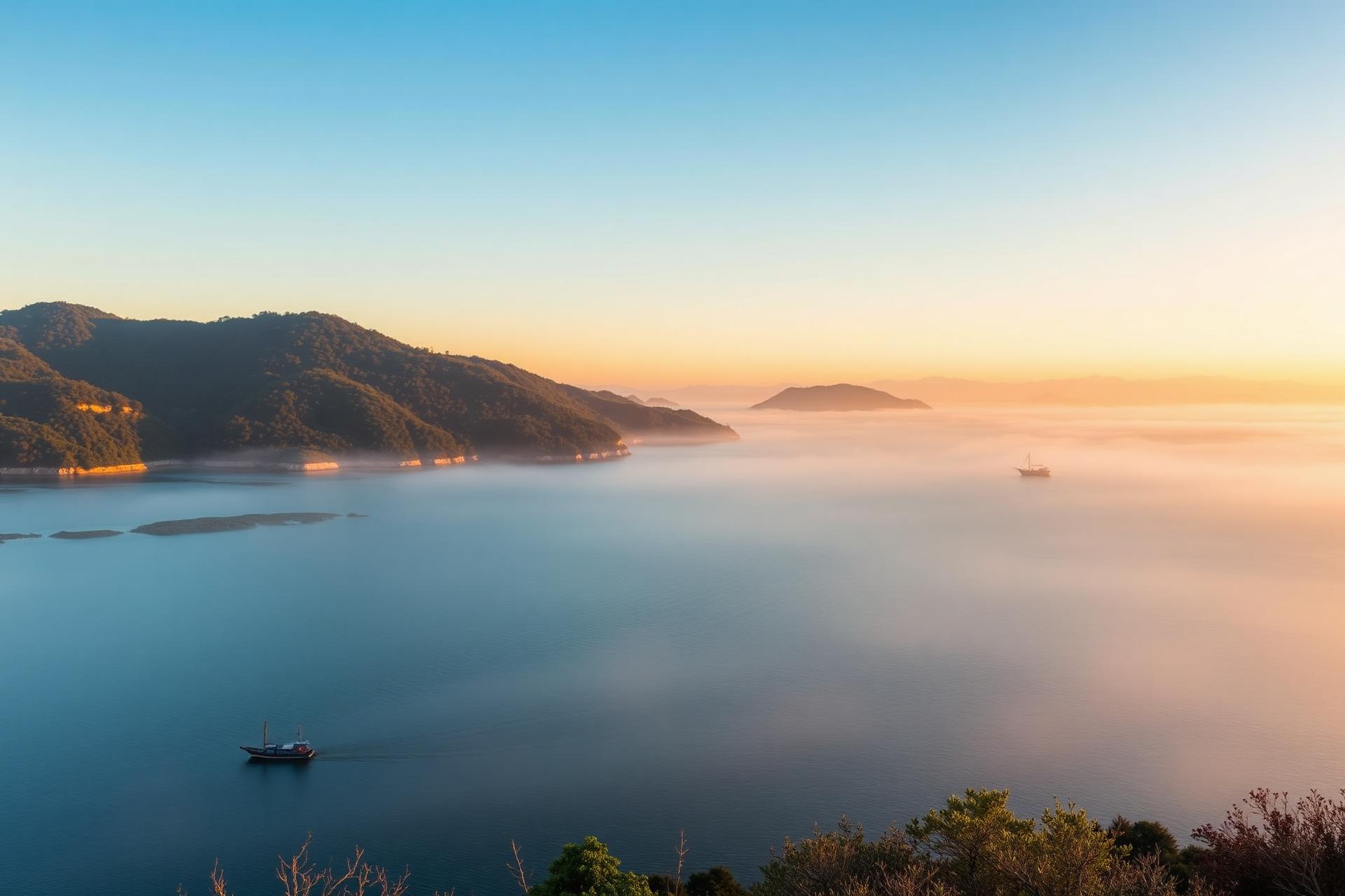 Misty coastline and forested islands of Jeollanam-do at golden hour